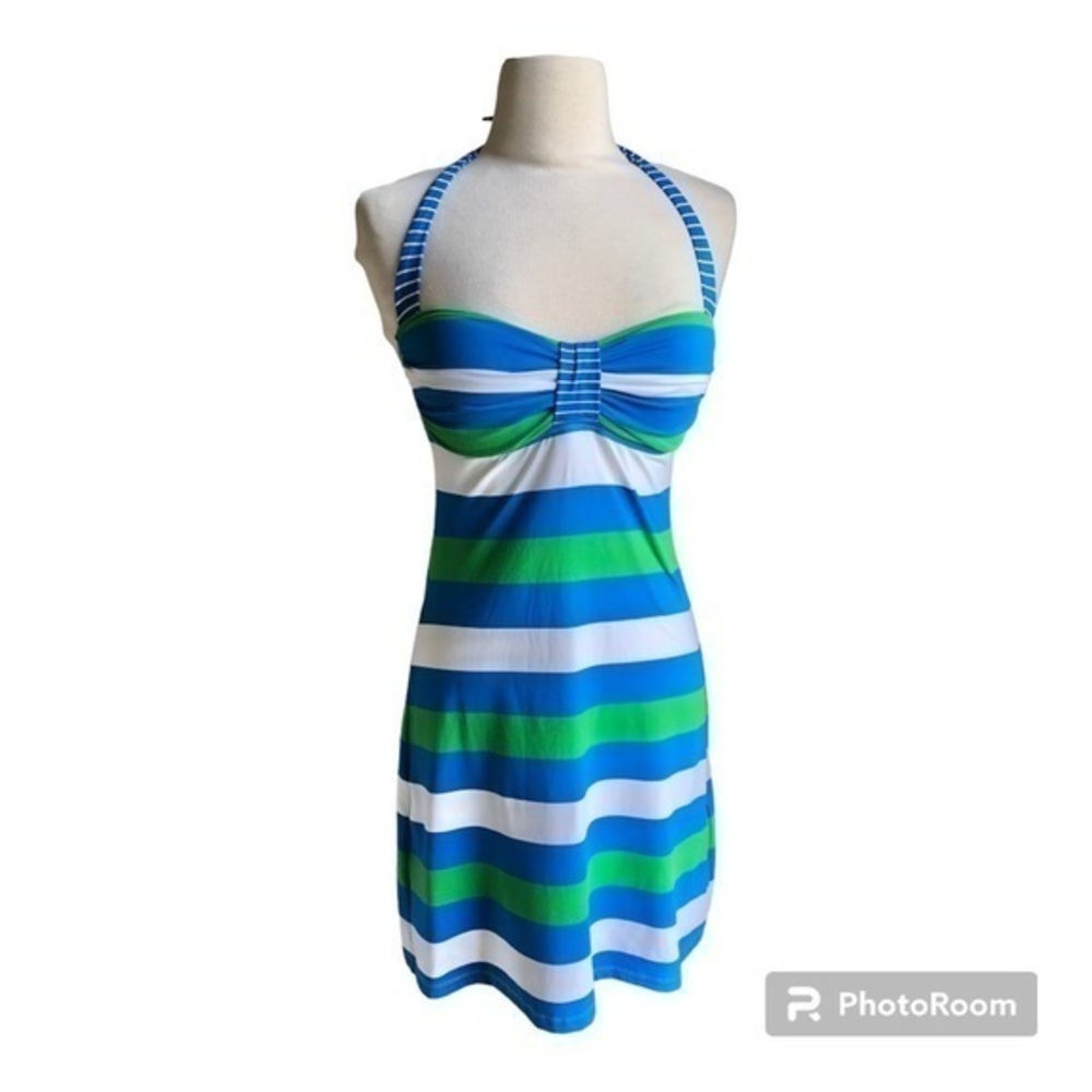 Tommy Bahama blue green rugby and notebook halter cup spa striped dress